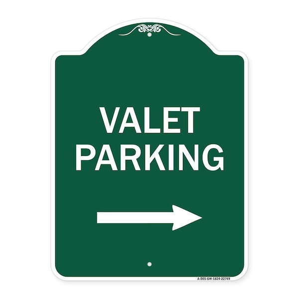 Valet Parking with Right Arrow, Green & White Aluminum Architectural Sign, 18" x 24", GW-1824-22749